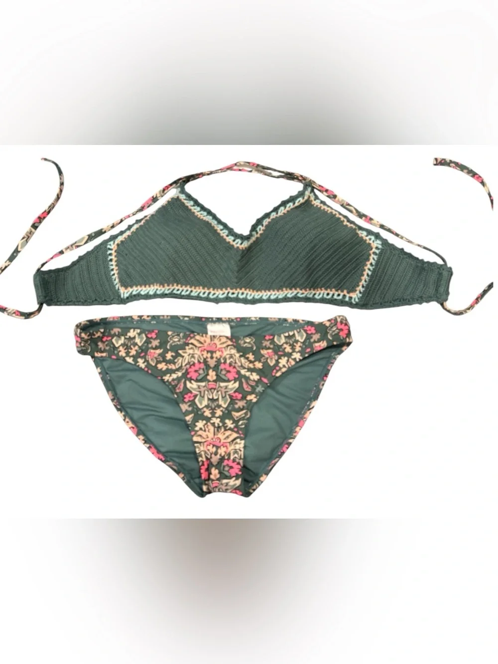 Xhilaration Dark Green Crochet Trim Floral Bikini Set Medium bottoms D/DD Top